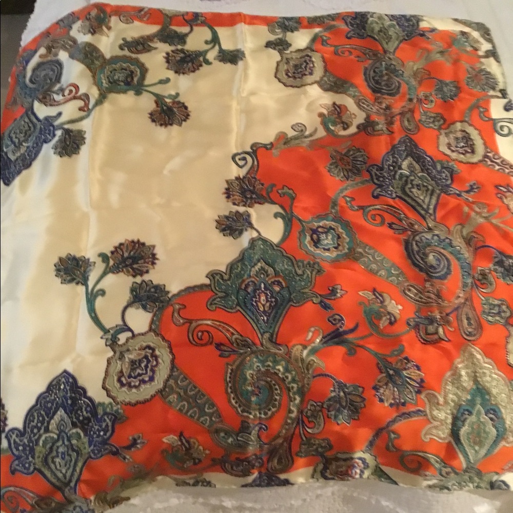 Silk scarf. 34x34orange, blue, gold, green